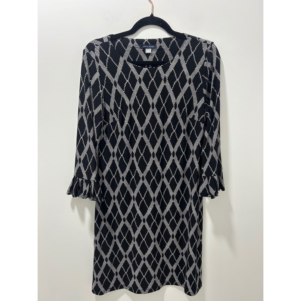 Tommy Hilfiger Classy Black White Diamond Print Ruffle Cuff Shift Dress Size 8